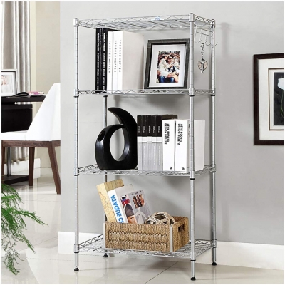 4-Shelf Storage Shelving Unit, Adjustable Wire Rack with 4 Hooks and Mats, Metal Utility Storage Shelves for Basement, Garage, Bathroom, Kitchen