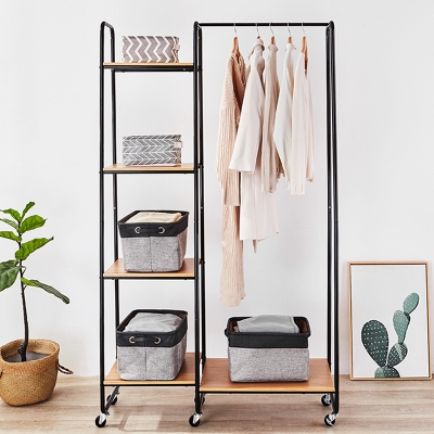 mental garment rack with wood shelves 615